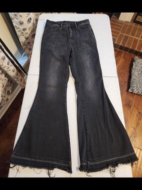 Women's Black Flared Flying Monkey Jeans with Raw Hem